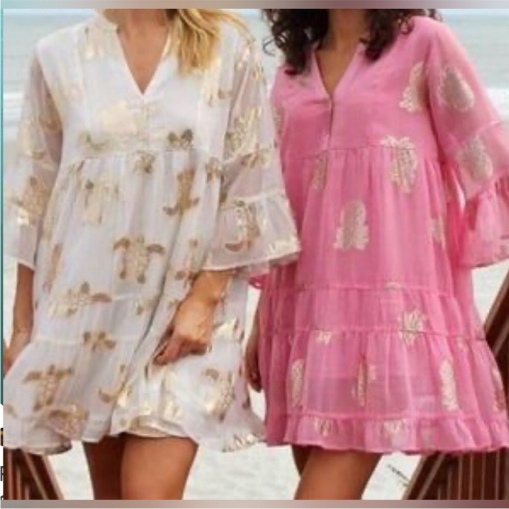 Simply Southern pink gold metallic pineapple tiered sheer overlay dress size XL